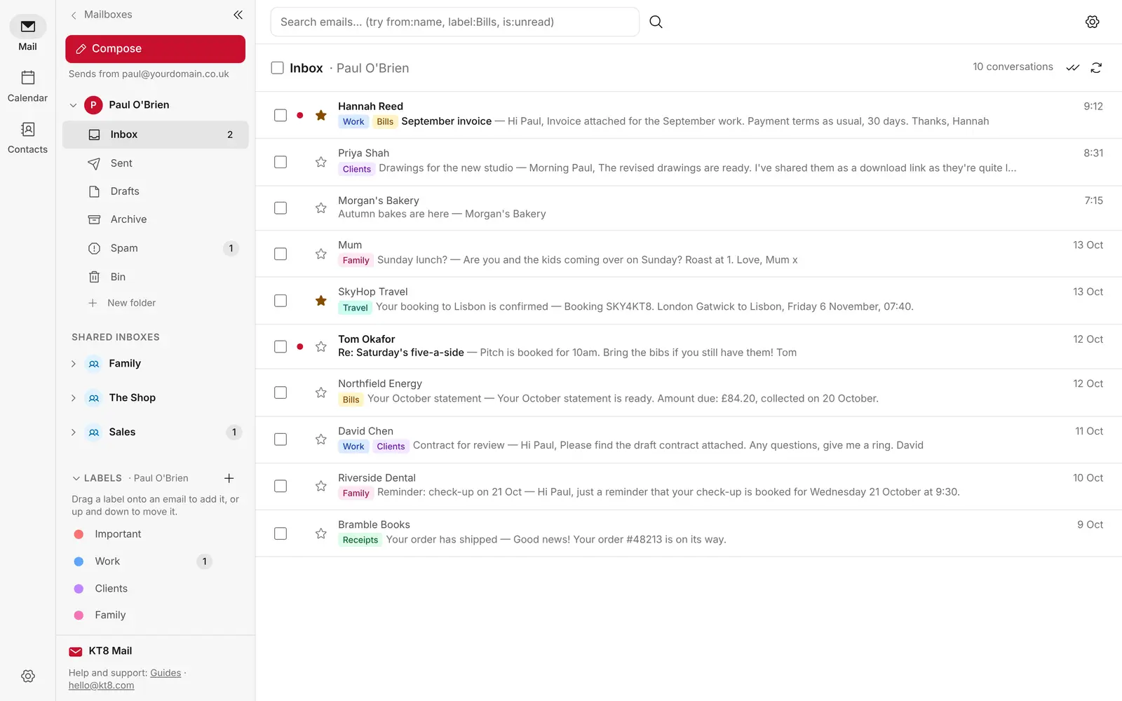 The KT8 Mail inbox